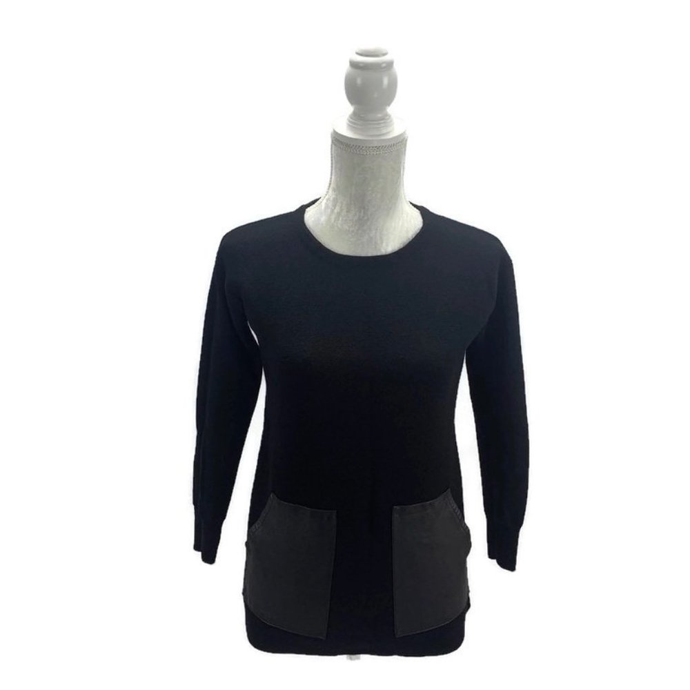 J.Crew Black Merino Wool Sweater Leather Pockets